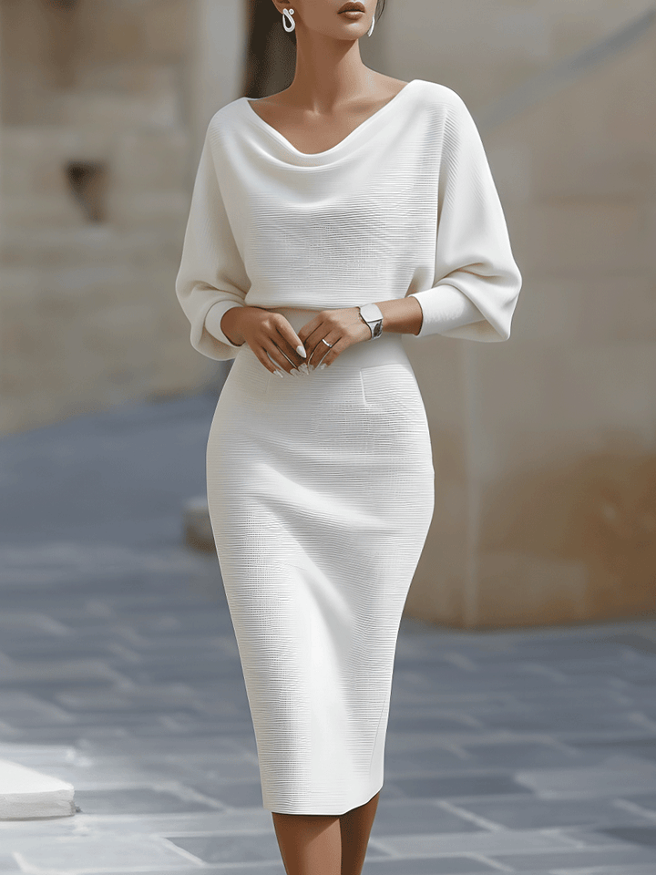 Olivia | Weißes Drapiertes Batwing Midi Kleid