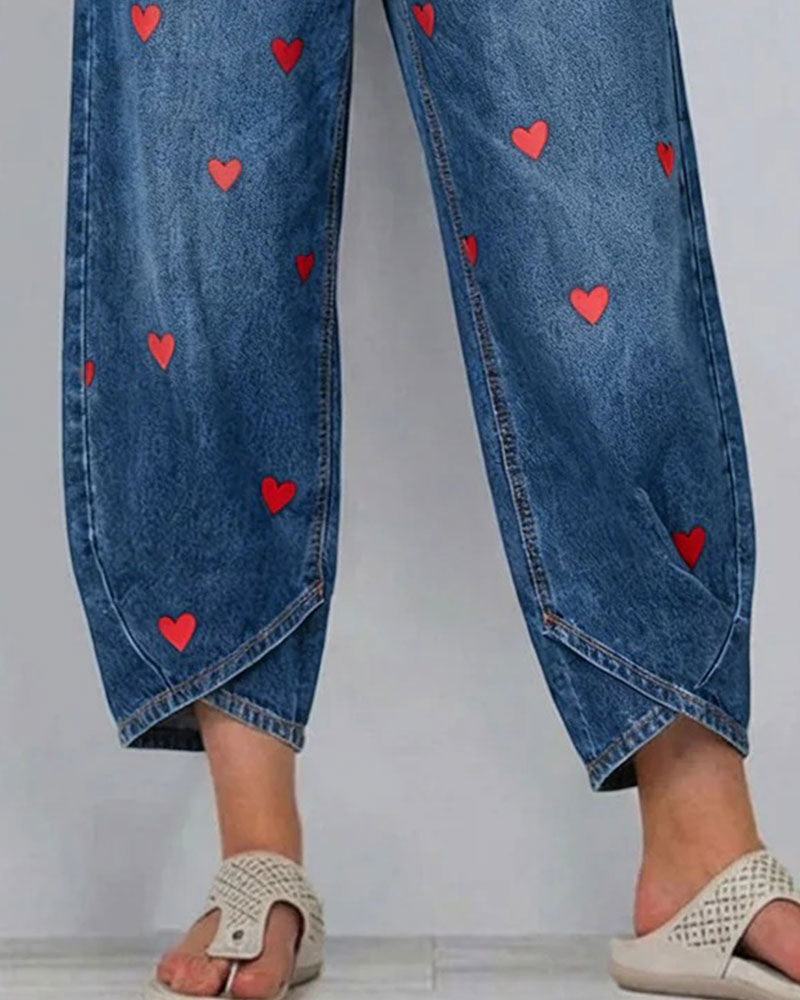 Hose Herz Druck Denim Knöchel
