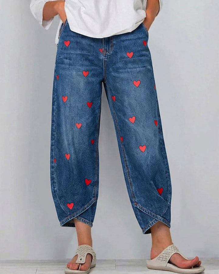 Hose Herz Druck Denim Knöchel