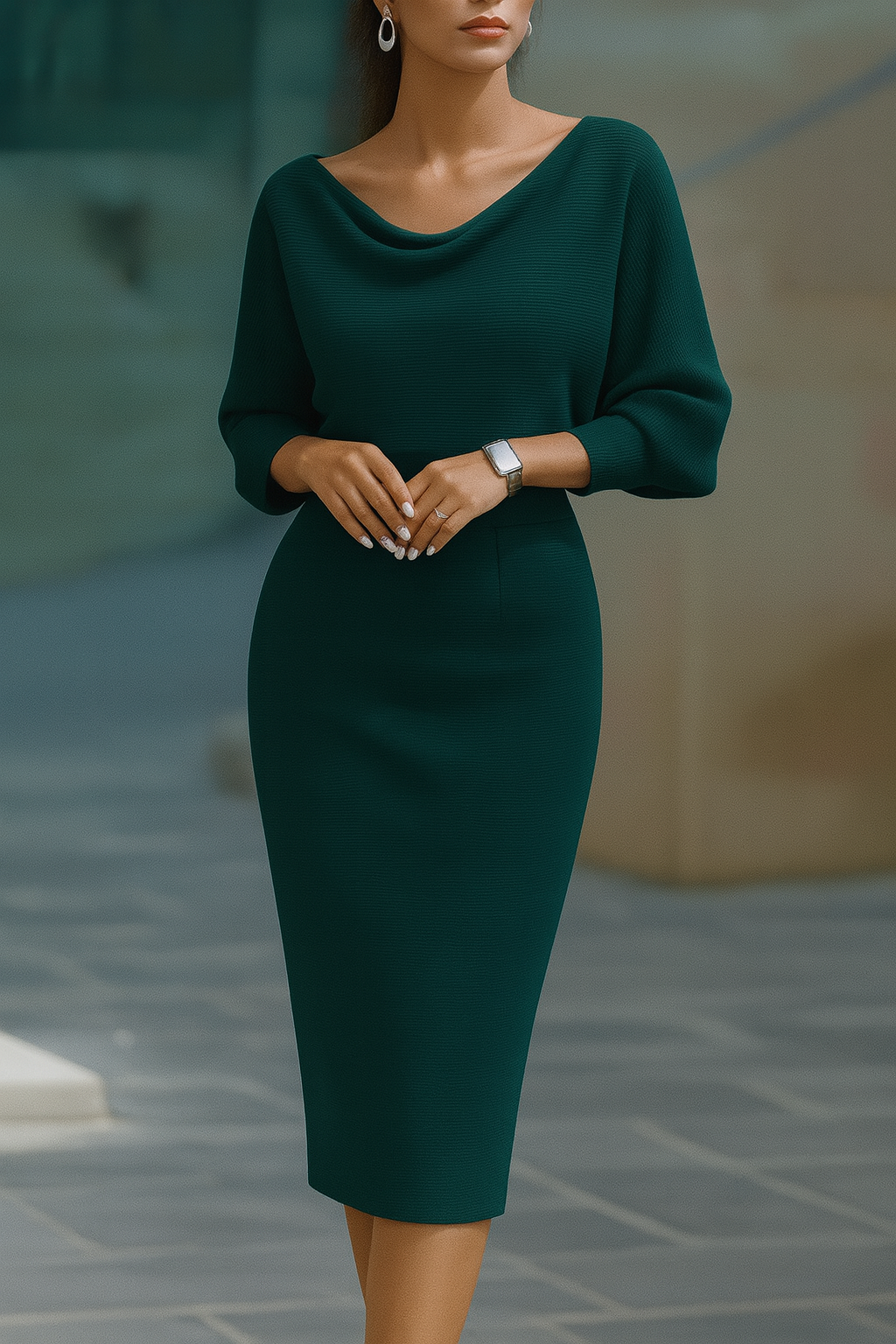 Olivia | Weißes Drapiertes Batwing Midi Kleid