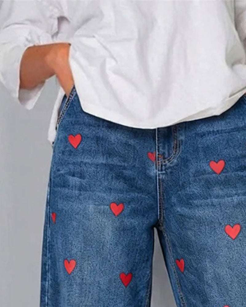 Hose Herz Druck Denim Knöchel
