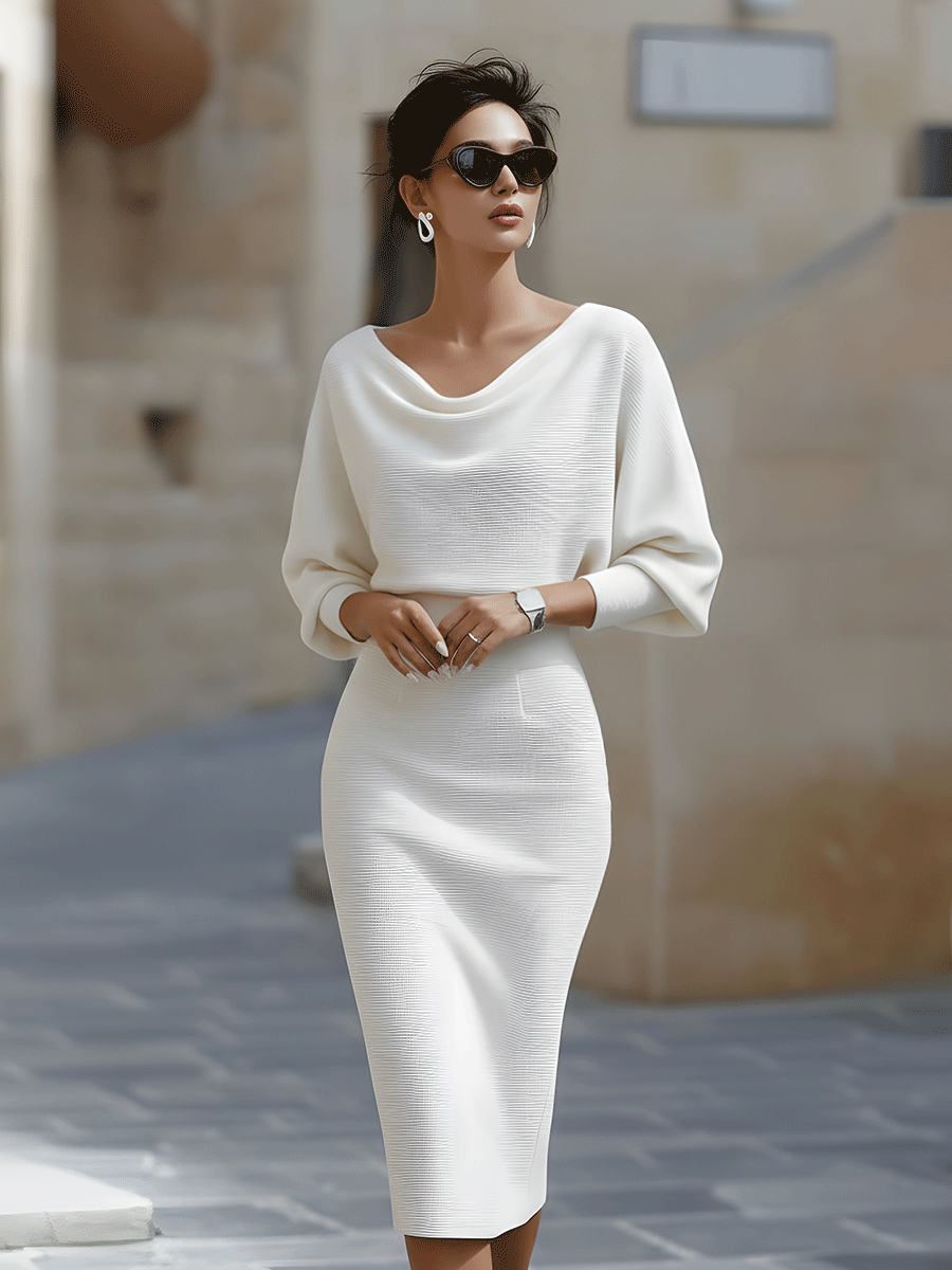 Olivia | Weißes Drapiertes Batwing Midi Kleid